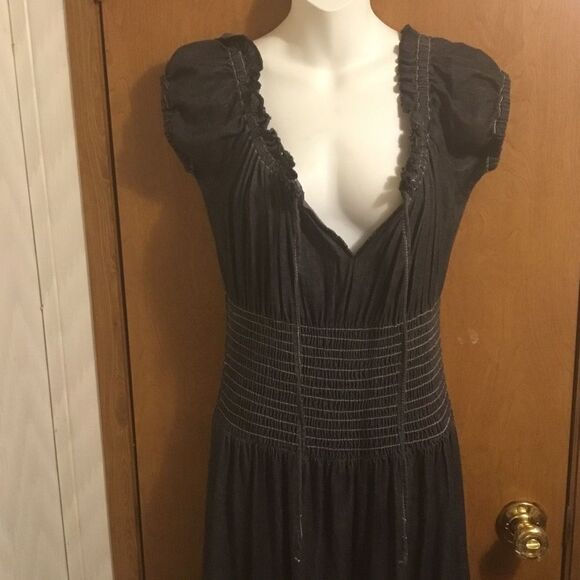 Tiered Ruffle Cinched Waist Boho Peasant Cottagecore Black Jean Maxi Dress 2P - Picture 8 of 10